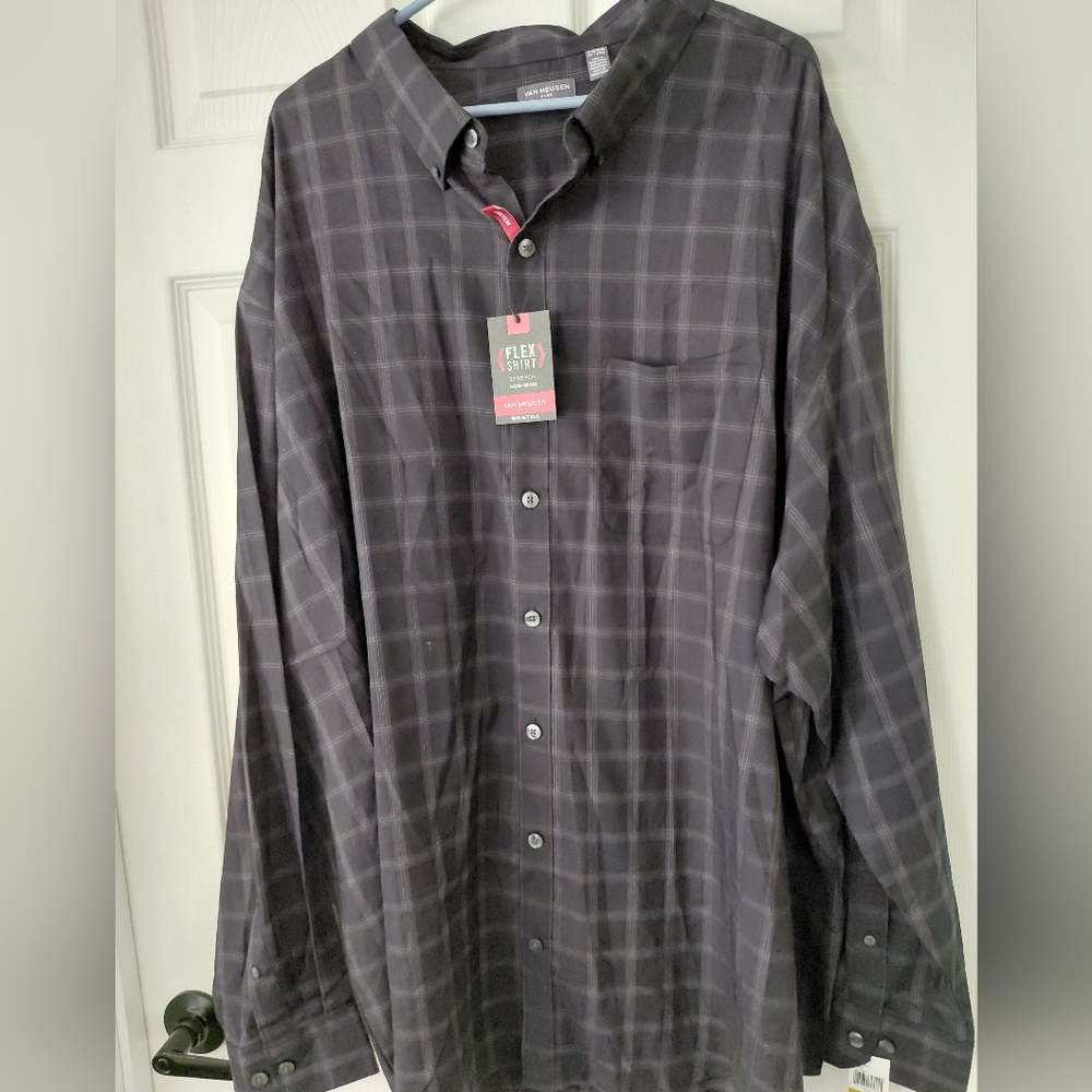 4XL Mens Van Heusen Dark Gray Plaid Button Down Shirt